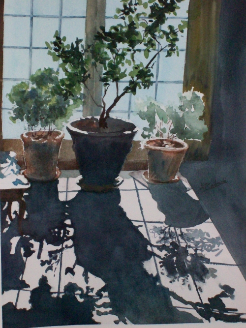Painting of plants in a windowsill